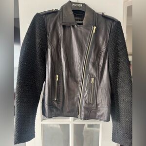 French Connection Black Leather Jacket with Textured Sleeves. Women Sz L